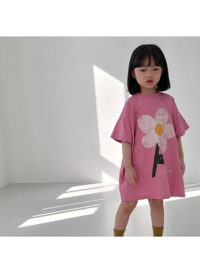 Summer New Girls Korean Style Skirt Cute Flower Short Sleeve Cotton Casual Loose Children's Wear Summer Dress 