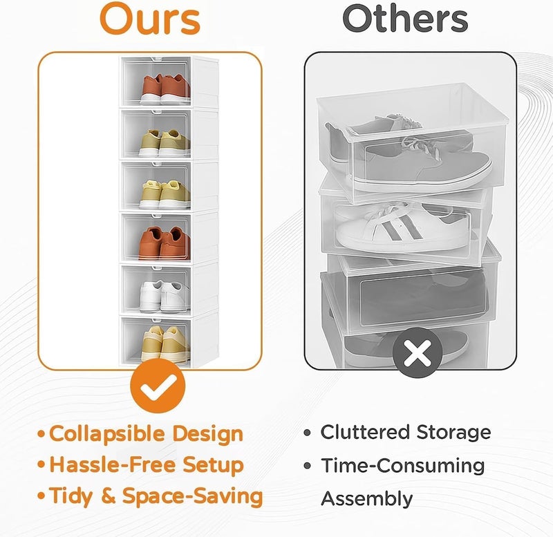 GUDEMAY Drop Front Shoe Storage Box, No Assembly Stackable Shoe Organizer Storage Bin with Clear Door, Free Standing Shoe Shelf Cabinet with Lid, Plastic Shoe Rack for Closet Entryway, 6-Tier - Image 2