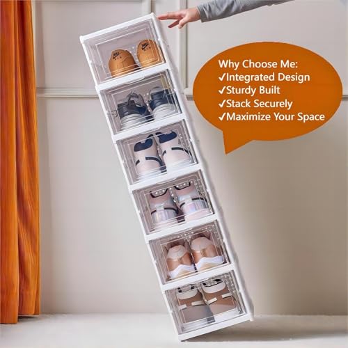 GUDEMAY Drop Front Shoe Storage Box, No Assembly Stackable Shoe Organizer Storage Bin with Clear Door, Free Standing Shoe Shelf Cabinet with Lid, Plastic Shoe Rack for Closet Entryway, 6-Tier - Image 4