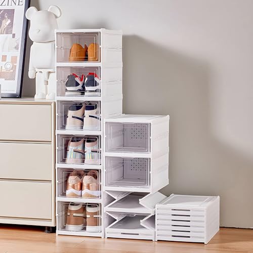 GUDEMAY Drop Front Shoe Storage Box, No Assembly Stackable Shoe Organizer Storage Bin with Clear Door, Free Standing Shoe Shelf Cabinet with Lid, Plastic Shoe Rack for Closet Entryway, 6-Tier - Image 1