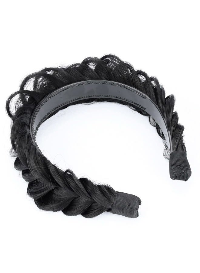 DIGUAN Wide Messy Braided Headband With Teeth Synthetic Hair Plaited Headband High Elasticity Braids Chunky Fishtail Braided Hair Band Hairpiece for Girls Women (Natural Black) - Image 3
