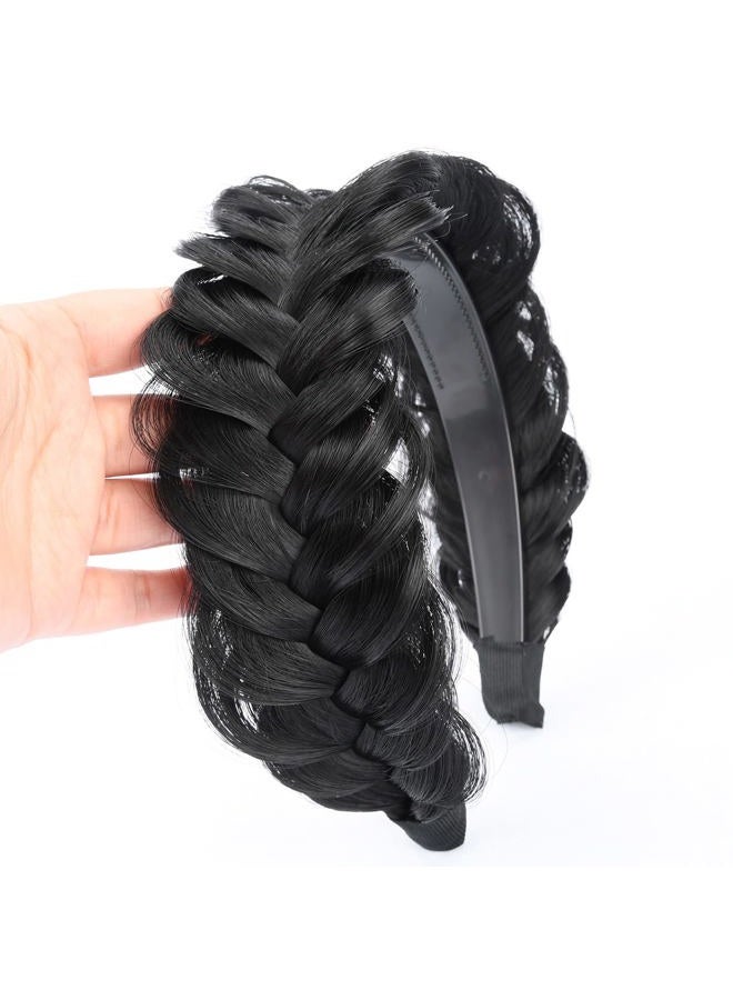 DIGUAN Wide Messy Braided Headband With Teeth Synthetic Hair Plaited Headband High Elasticity Braids Chunky Fishtail Braided Hair Band Hairpiece for Girls Women (Natural Black) - Image 1