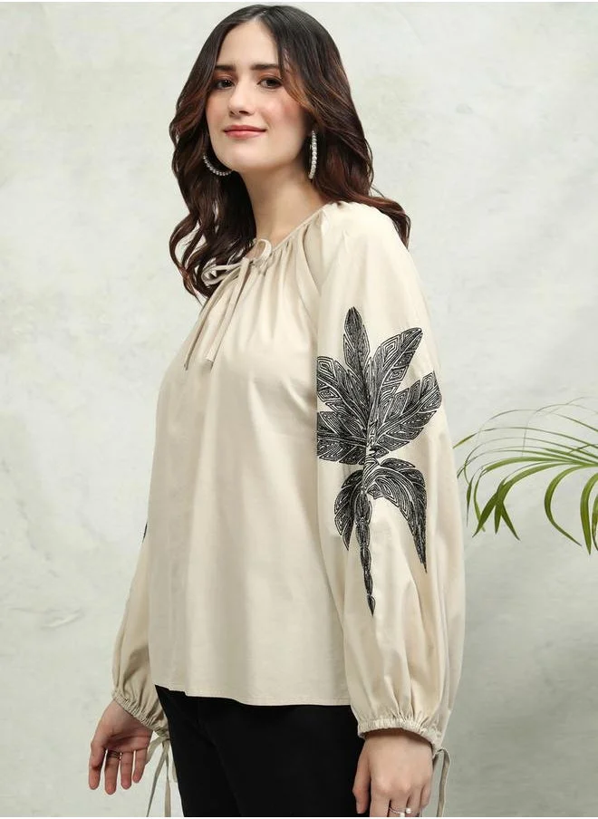 Tokyo Talkies Tokyo Talkies Floral Print Balloon Sleeve Top with Tie-Up Neck