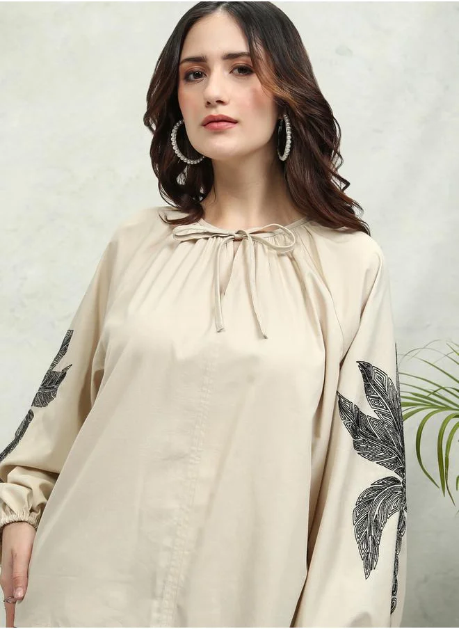 طوكيو توكيز Floral Print Balloon Sleeve Top with Tie-Up Neck