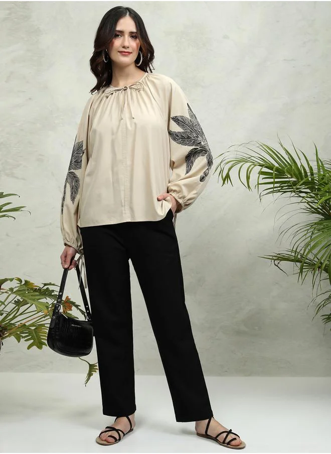 Tokyo Talkies Floral Print Balloon Sleeve Top with Tie-Up Neck