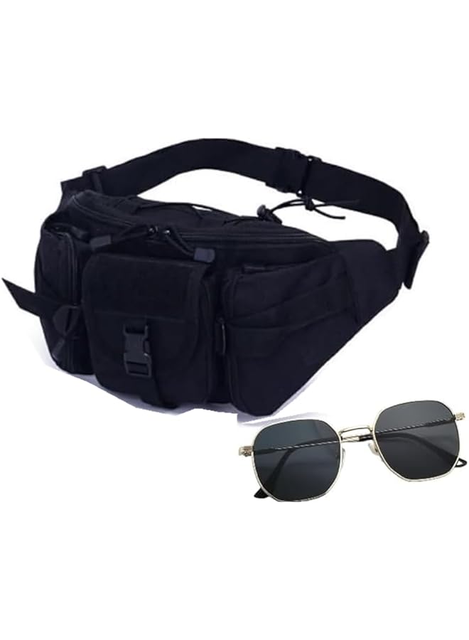 PROMASS promass Men's Outdoor Tactical Belt Bag, Waterproof Hip Belt Bag for Hiking, Mountaineering and Metal Sunglasses 2-Piece Set (BK) - Image 1
