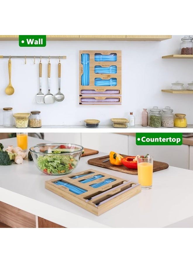 6 in 1 Bamboo Ziplock Bag Organizer with 2 Cutter, Foil and Plastic Wrap Organizer and Plastic Bag Organizer，Suitable for Kitchen Drawer Organizer for Foil and Plastic Wrap and Plastic Bag Organizer - Image 2