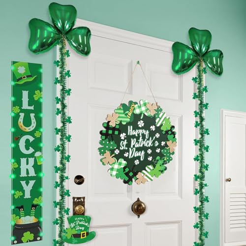 WellSign St Patricks Day Decorations, Green Shamrock Hanging Welcome Sign St Patricks Day Door Decor for The Home, Glitter Pediment Plaque Lucky Festive St Patricks Day Wreaths for Front Door Front Porch Wall - Image 5