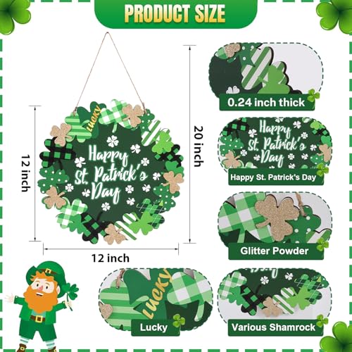 WellSign St Patricks Day Decorations, Green Shamrock Hanging Welcome Sign St Patricks Day Door Decor for The Home, Glitter Pediment Plaque Lucky Festive St Patricks Day Wreaths for Front Door Front Porch Wall - Image 2
