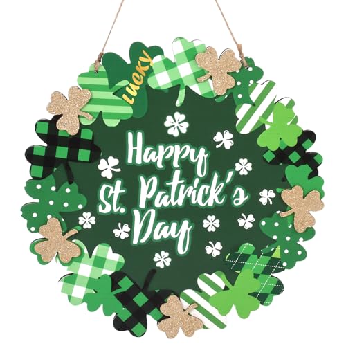 WellSign St Patricks Day Decorations, Green Shamrock Hanging Welcome Sign St Patricks Day Door Decor for The Home, Glitter Pediment Plaque Lucky Festive St Patricks Day Wreaths for Front Door Front Porch Wall - Image 1