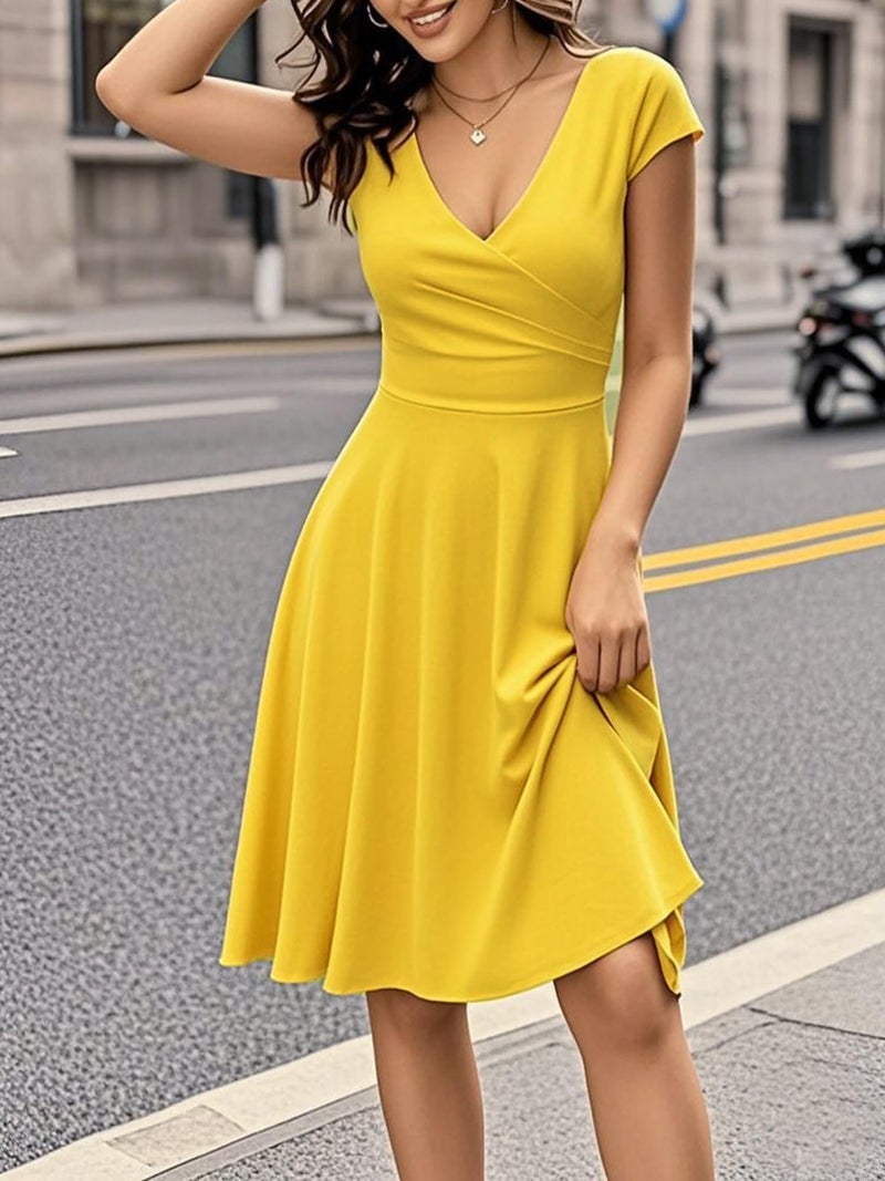 oxiuly Summer Casual Dresses for Women 2025 Elegant Modest Fit and Flare Swing Sunday Vacation Holiday Party Cocktail V Neck Tea Dresses OX233 Light Yellow M - Image 4