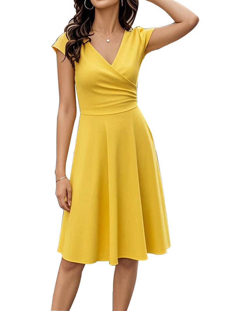 oxiuly Summer Casual Dresses for Women 2025 Elegant Modest Fit and Flare Swing Sunday Vacation Holiday Party Cocktail V Neck Tea Dresses OX233 Light Yellow M - Image 1
