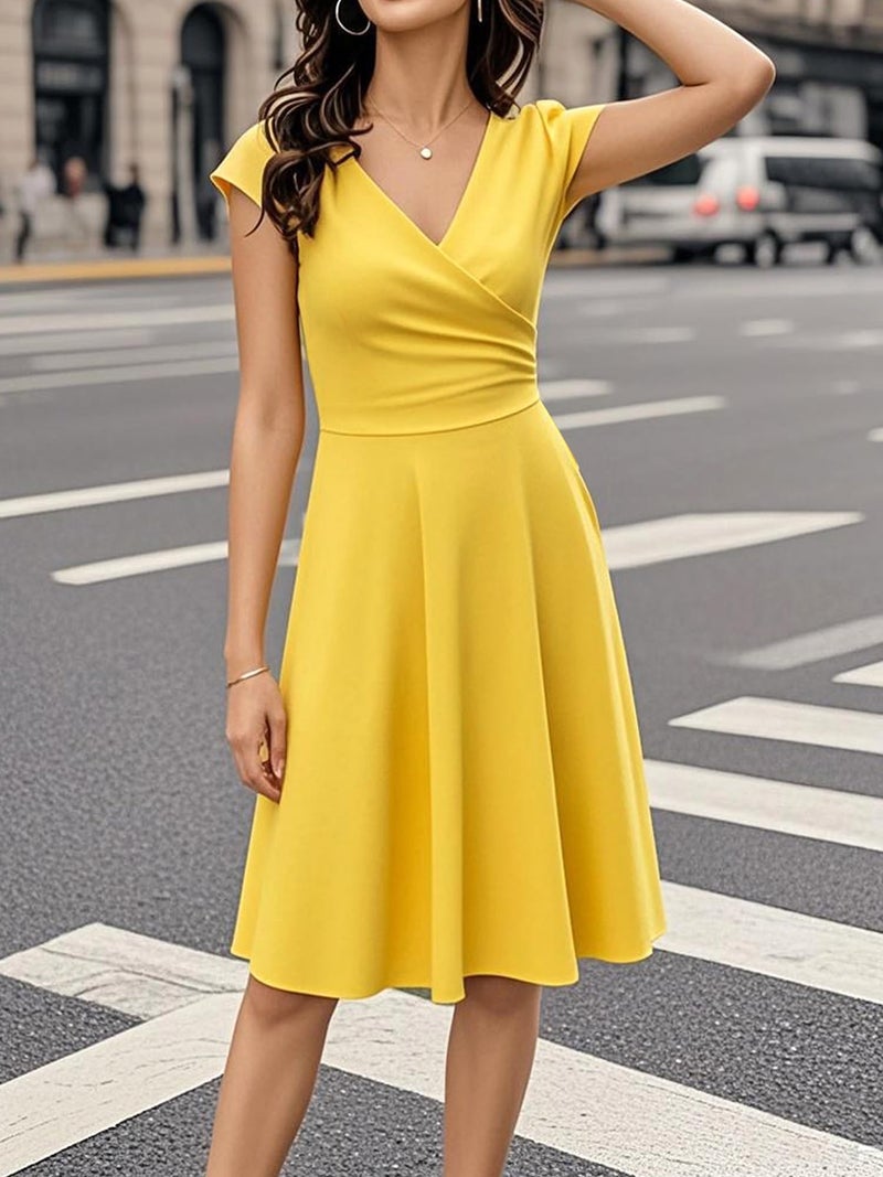 oxiuly Summer Casual Dresses for Women 2025 Elegant Modest Fit and Flare Swing Sunday Vacation Holiday Party Cocktail V Neck Tea Dresses OX233 Light Yellow M - Image 5