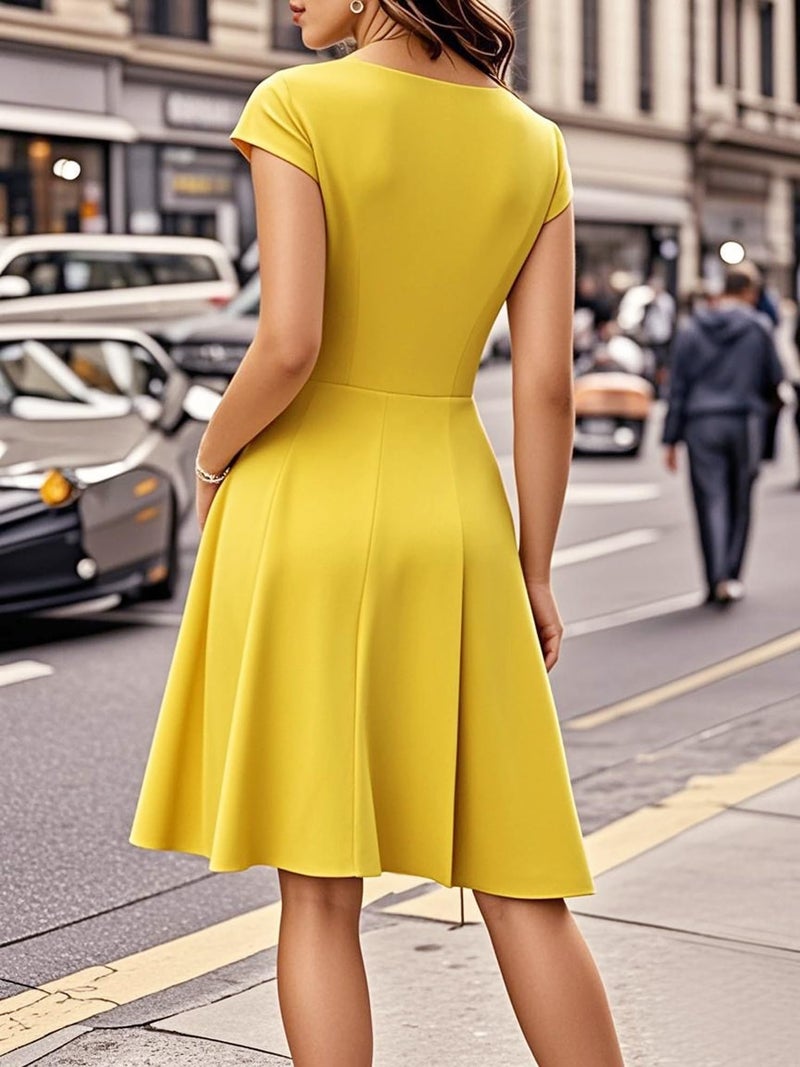 oxiuly Summer Casual Dresses for Women 2025 Elegant Modest Fit and Flare Swing Sunday Vacation Holiday Party Cocktail V Neck Tea Dresses OX233 Light Yellow M - Image 3