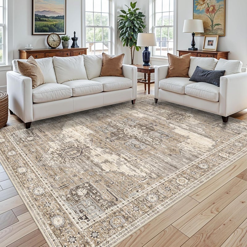 RUUGME Washable 7x9 Area Rug - Vintage Area Rugs with Non Slip Backing Stain Resistant Carpet for Bedroom Dining Room Indoor Soft Carpets Home Decor Decoration Mat 7x9 Beige - Image 2