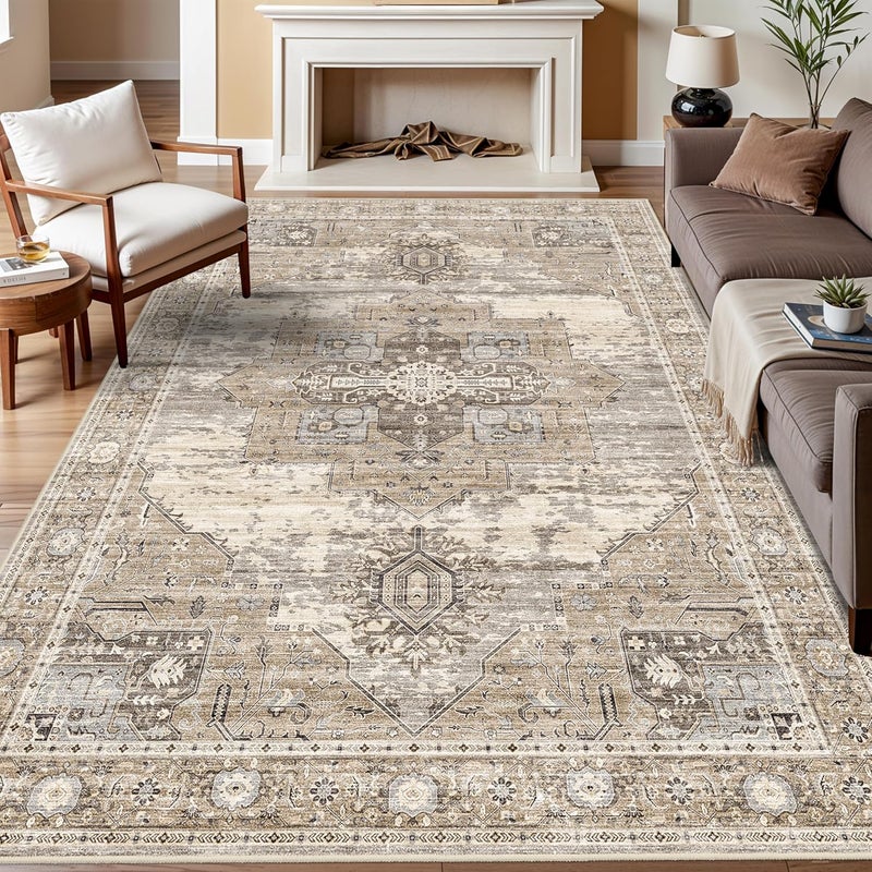 RUUGME Washable 7x9 Area Rug - Vintage Area Rugs with Non Slip Backing Stain Resistant Carpet for Bedroom Dining Room Indoor Soft Carpets Home Decor Decoration Mat 7x9 Beige - Image 1