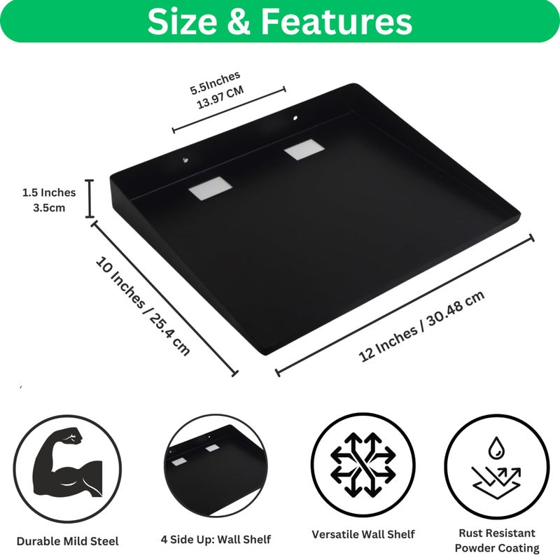SHUCHI ESSENTIALS Premium 12X10 Metal Black Floating Wall Shelf - Wall Shelves for Kitchen, Bathroom - Rust-Free Organizers for Dish Tv, Router, Home Decor - Heavy-Duty Storage Solution - Image 3