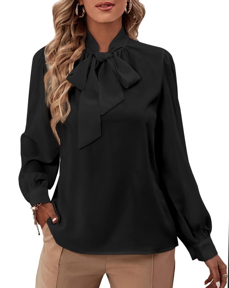 Rooscier Women's Bow Tie Neck Long Sleeve Buttton Cuff Chiffon Elegant Blouse Black Small - Image 1