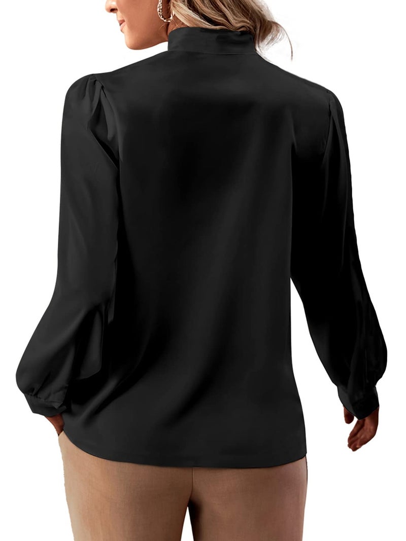 Rooscier Women's Bow Tie Neck Long Sleeve Buttton Cuff Chiffon Elegant Blouse Black Small - Image 2