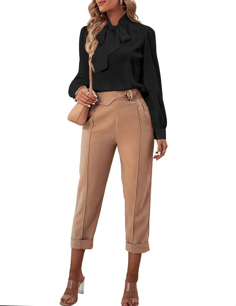 Rooscier Women's Bow Tie Neck Long Sleeve Buttton Cuff Chiffon Elegant Blouse Black Small - Image 5