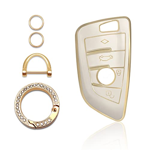 KEVWR Soft TPU Key Fob Cover Case Shell Protector Car Key With Bling Keychain For Accessories Key Cover Compatible With BMW 2 5 6 7 Series X1 X2 X3 X5 X6 White - Image 1