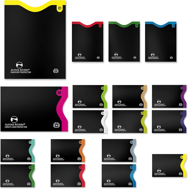 Alpine Rivers RFID Blocking Credit Card Sleeves 18-Piece Set – 14 Color-Coded Card Protectors with 4 Passport Holders – Slim Water-Resistant Anti-Theft Protection for Travel - Image 1