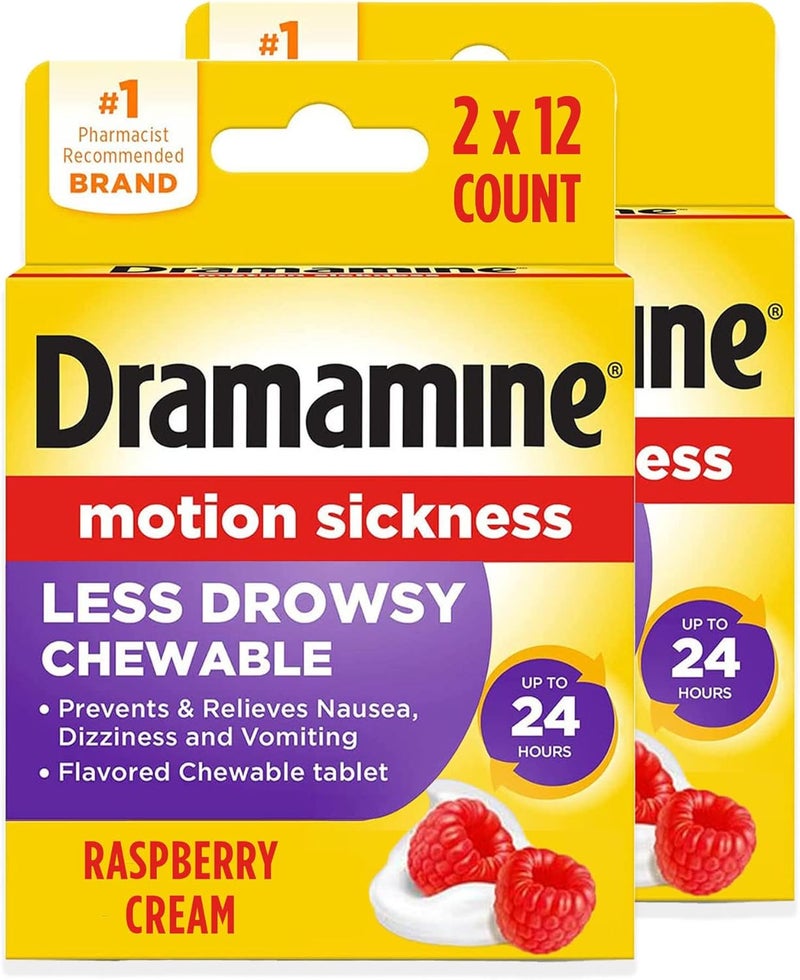 Dramamine Chewable Less Drowsy, Motion Sickness Relief, Raspberry Cream Flavor, 12 Count, 2 Pack