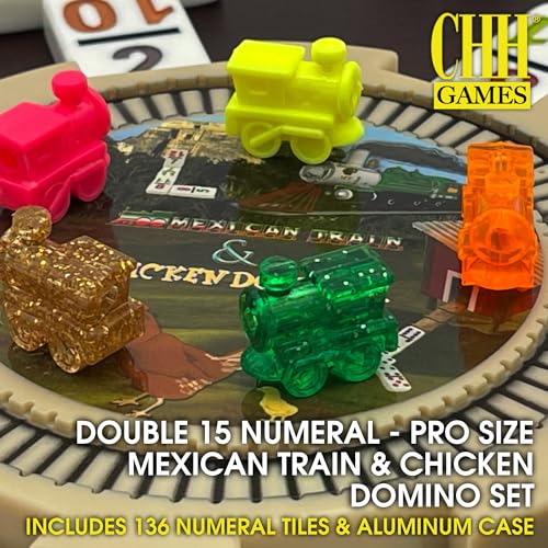 CHH Double 15 Numeral Pro Size Mexican Train & Chicken Domino Set in Aluminum Case – 136 Multicolor Tiles – Complete Set with Train Markers and Hub - Image 2