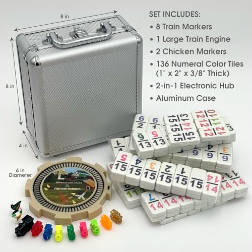 CHH Double 15 Numeral Pro Size Mexican Train & Chicken Domino Set in Aluminum Case – 136 Multicolor Tiles – Complete Set with Train Markers and Hub - Image 3