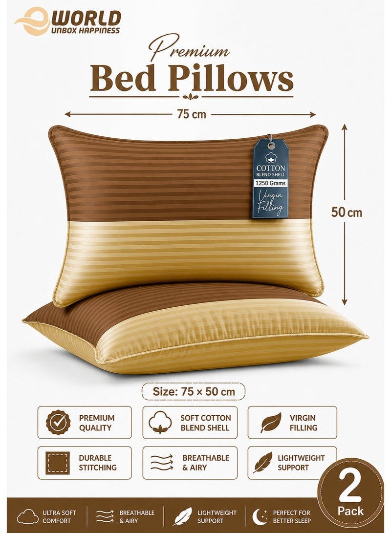 Eworld Pack of 2 Down Alternative Bed Pillows, 1250g Fill, Cotton Blend Cover, Hotel Quality, 50x75cm, Brown-Gold - Image 1
