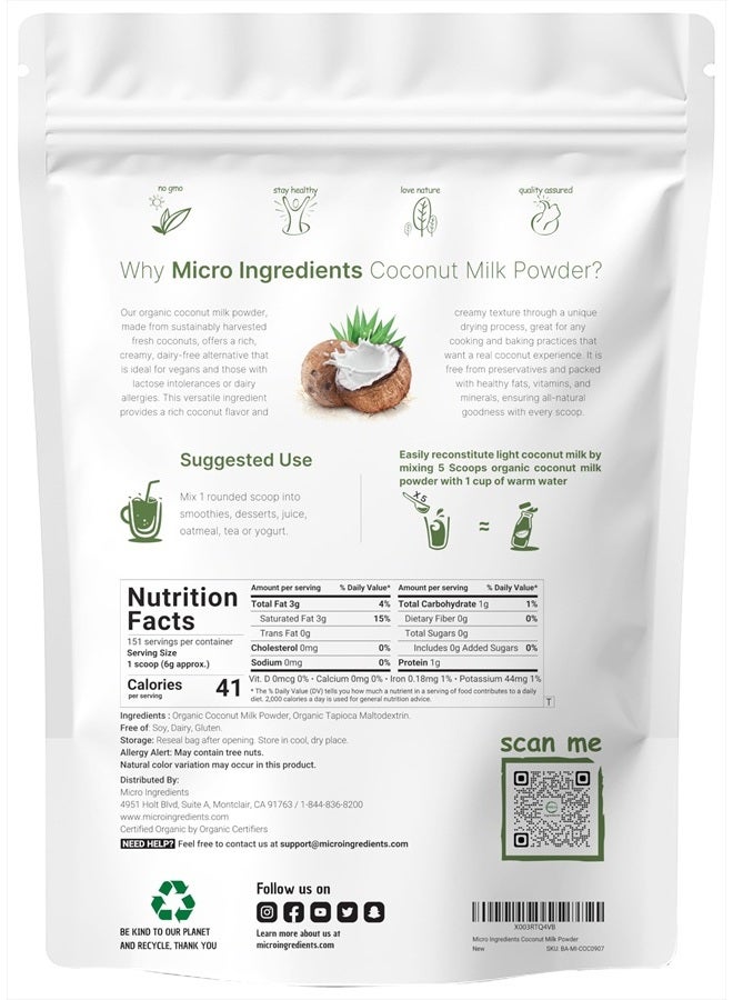Micro Ingredients مسحوق حليب جوز الهند العضوي، 2 باوند (32 أونصة)، كريمر نباتي، مثالي للقهوة، الشاي والسموذي، غير معدل وراثيًا وصديق للكيتو - Image 2