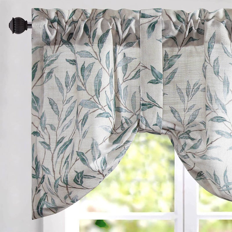 VOGOL Tieup Valance for Kitchen Windows Tie Up Curtains for Windows Blue Leaf Print Adjustable Balloon Shades Rod Pocket Curtain Panels Valances for Cafe 52x18 One Piece