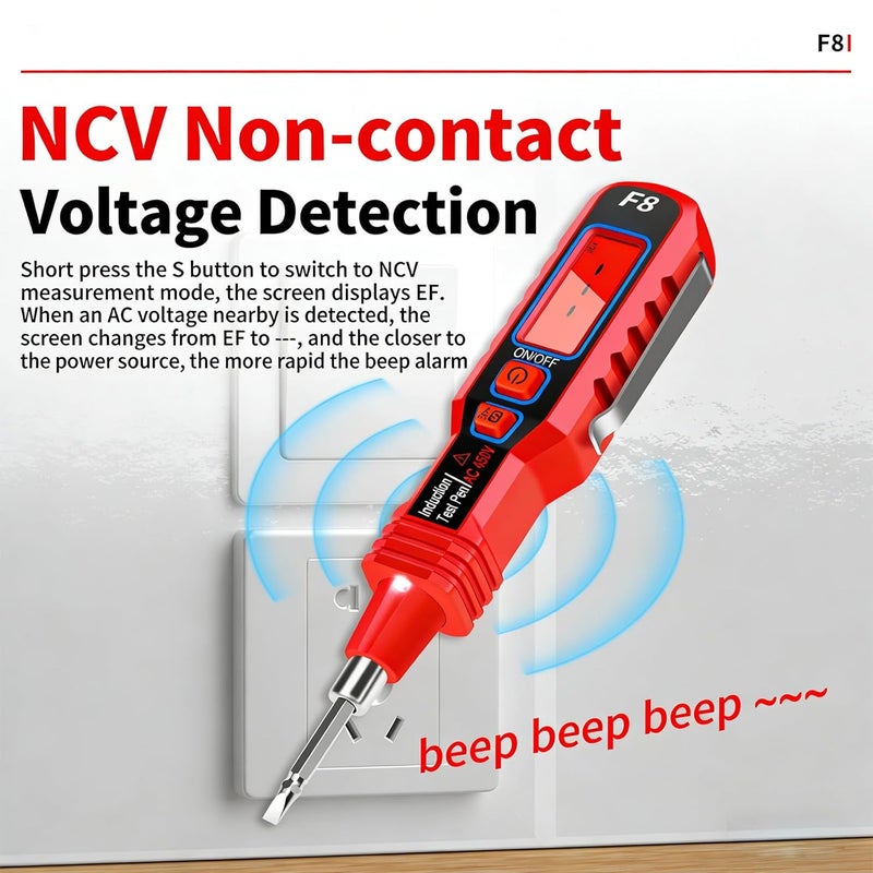جهاز اختبار الجهود NCV مع شاشة مضيئة من الخلف، جهاز اختبار كهربائي دقيق لقياس التيار حتى 1000 فولت، يكتشف الأسلاك الحية دون الحاجة إلى تلامس مباشر، مما يضمن سلامة الاستخدام في الدوائر المنزلية ومن قبل المهندسين الكهربائيين المحترفين. - Image 5
