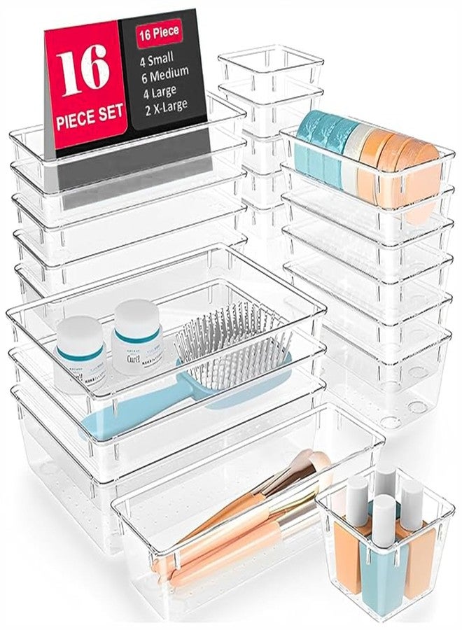 OLMARTT KITCHENWARE 16 Pcs Clear Plastic Drawer Organizers Set – 4-Size Versatile Storage Trays for Bathroom, Vanity, Makeup, Kitchen Gadgets & Office Organization, Stationery Organizers Box - Image 1