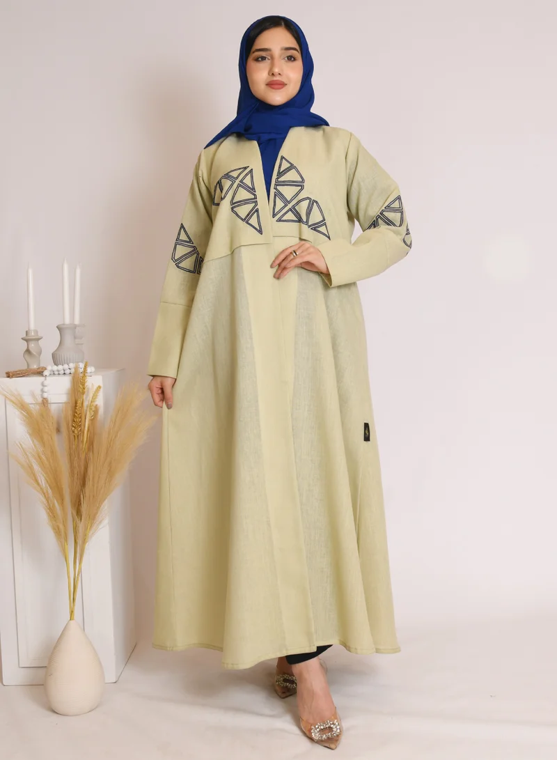 HAWRAA ABAYA Light green wrap abaya with blue embroidery