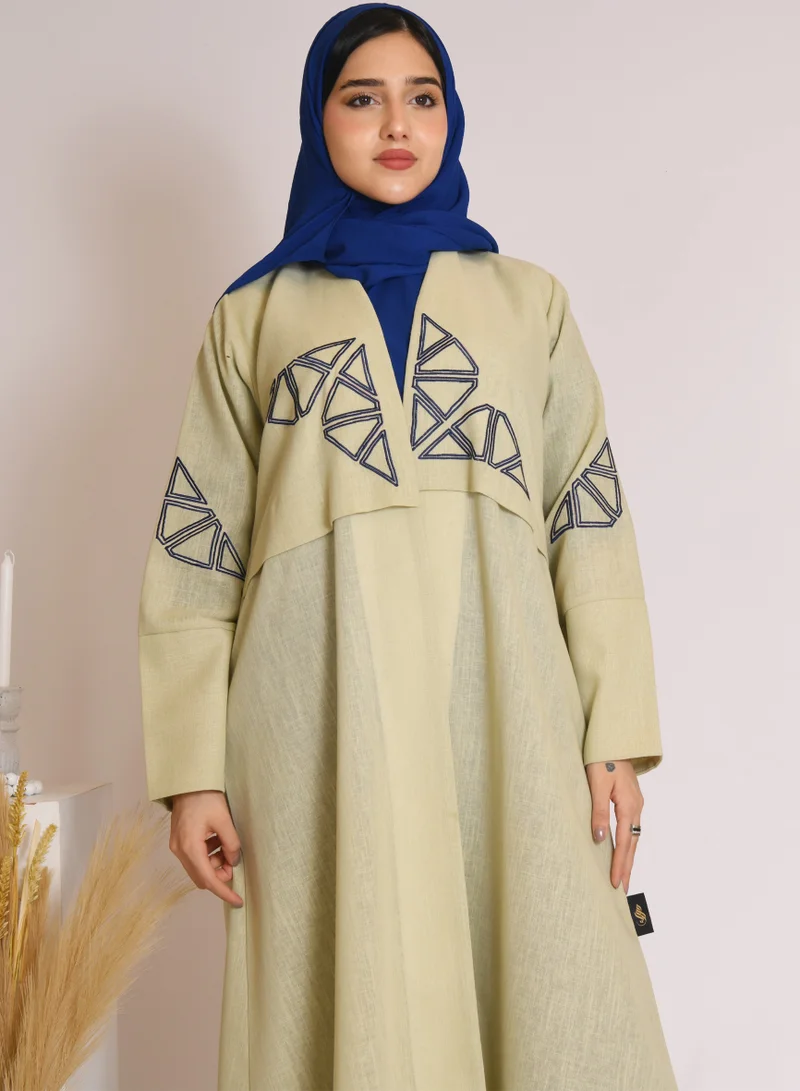HAWRAA ABAYA Light green wrap abaya with blue embroidery