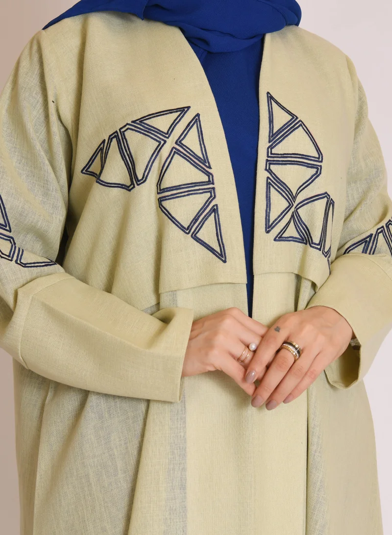 HAWRAA ABAYA Light green wrap abaya with blue embroidery