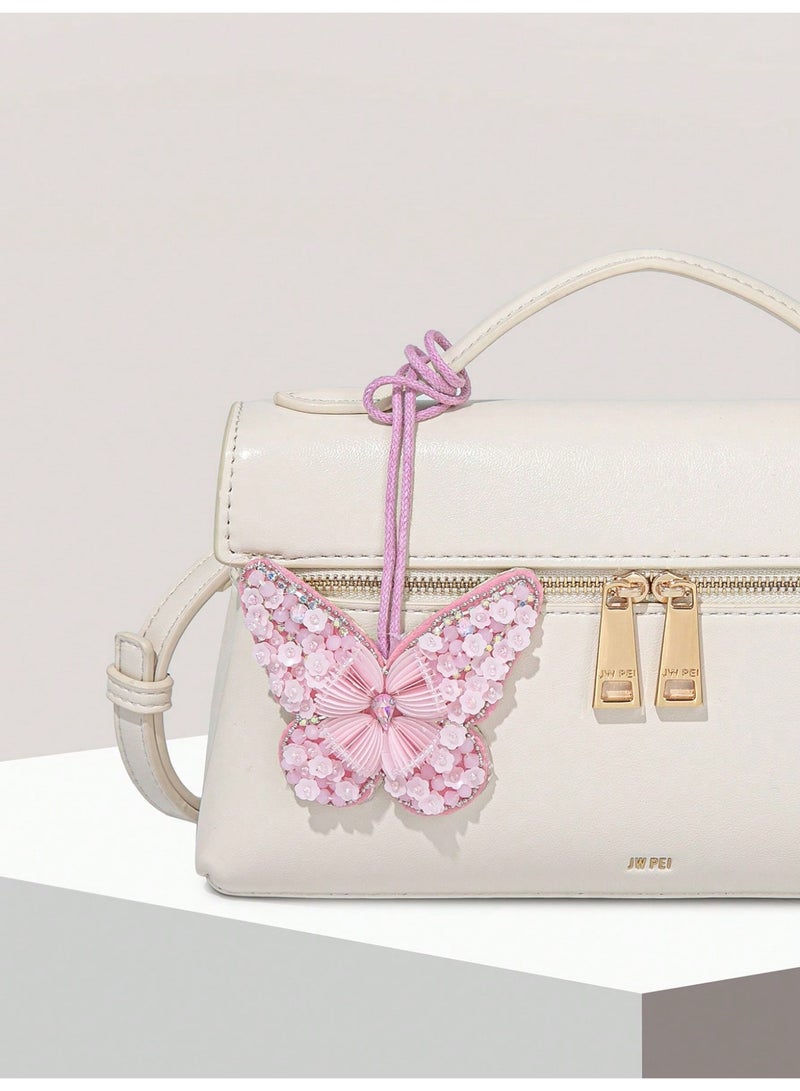 إكسسوار حقيبة على شكل فراشة مزخرفة بالورود والخرز – تعليقة شنط أنيقة للمناسبات والهدايا – قطعة واحدة - إكسسوار فقط لا يشمل الحقيبة - Image 1