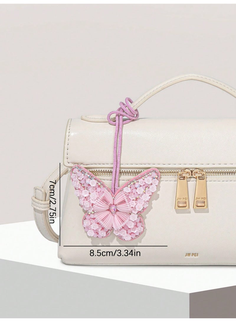 إكسسوار حقيبة على شكل فراشة مزخرفة بالورود والخرز – تعليقة شنط أنيقة للمناسبات والهدايا – قطعة واحدة - إكسسوار فقط لا يشمل الحقيبة - Image 3