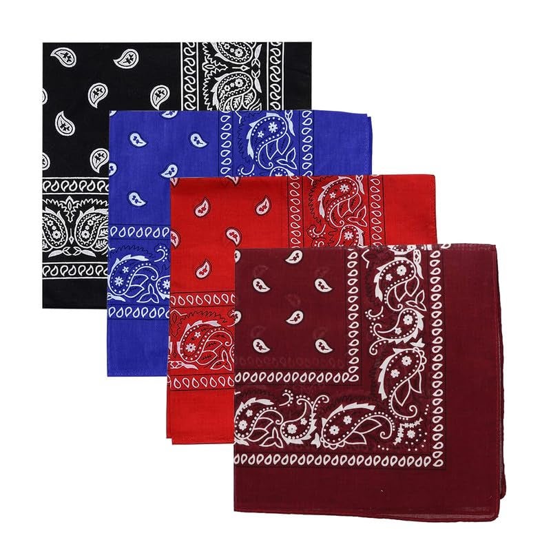 DIKHAWA Unisex Soft Breathable Cotton Paisley Printed Cowboy Bandanas,Headband,Scarf (BLACK,RED,ROYAL BLUE,BURGUNDY_50CM X 50CM_Pack of 4) - Image 1
