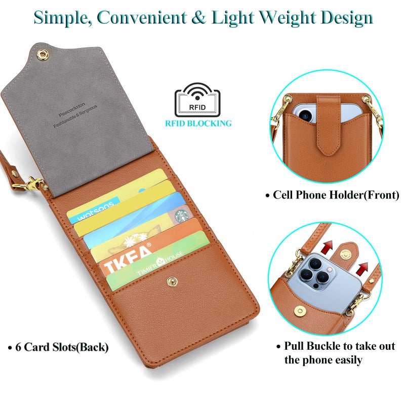 Peacocktion Small Crossbody Bags for Women, RFID Leather Cell Phone Purse with Card Slot, Trendy Card Holder Wallet Brown - Image 3