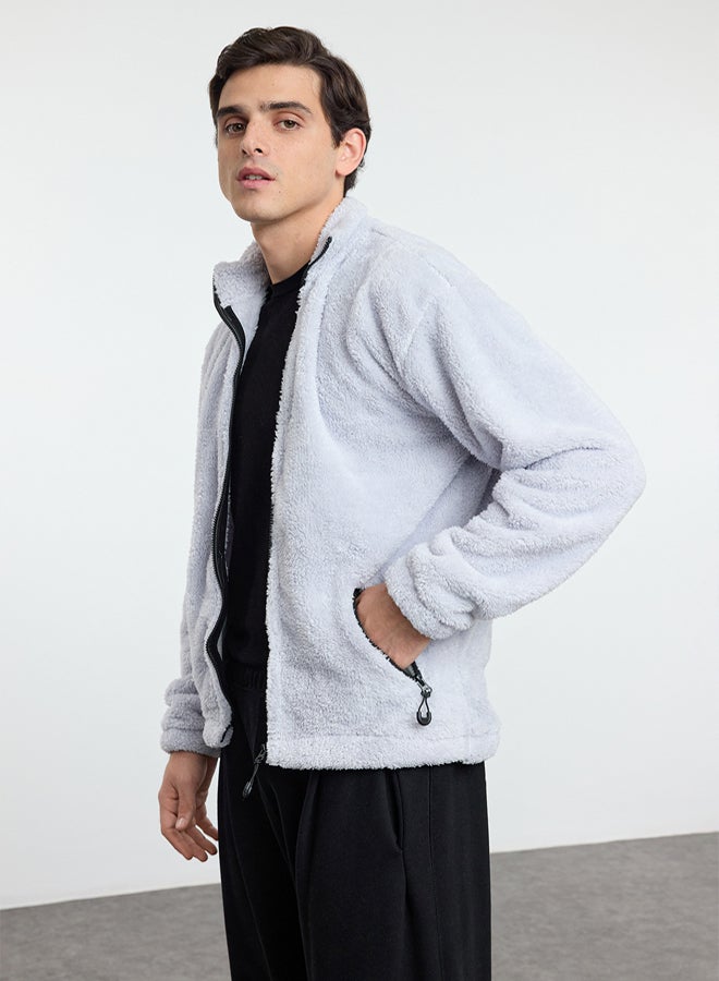 trendyol Grey Oversize/Wide Cut Zipper Pocket Couple Plush Sweatshirt TMNAW25SW00102 - Image 3