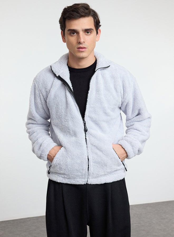 trendyol Grey Oversize/Wide Cut Zipper Pocket Couple Plush Sweatshirt TMNAW25SW00102 - Image 4