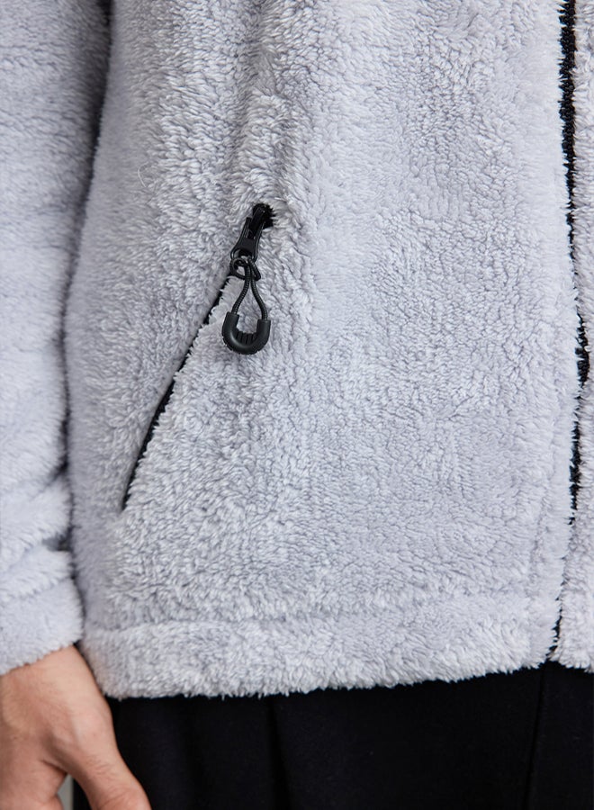 trendyol Grey Oversize/Wide Cut Zipper Pocket Couple Plush Sweatshirt TMNAW25SW00102 - Image 5