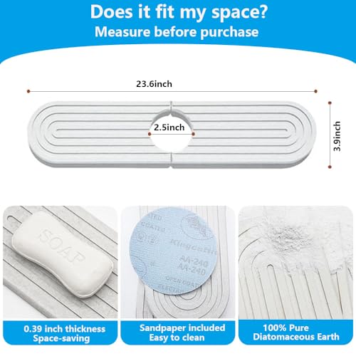 Kowiofame Sink Stone Faucet Mat 23.6 X 3.9 inch Absorbent Faucet Mat Diatomite Sink Drying Stone for Kitchen Bathrooms ( White ) - Image 2