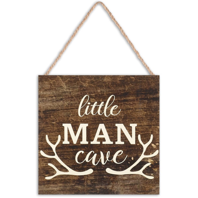 Jetec Little Man Cave Wood Sign Decor Home Vintage Little Man Cave Antlers Wood Pallet 7 x 7 Inch Rustic Brown Wall Hanging Sign Farmhouse Wall Decor for Baby Home Bedroom Living Room - Image 1