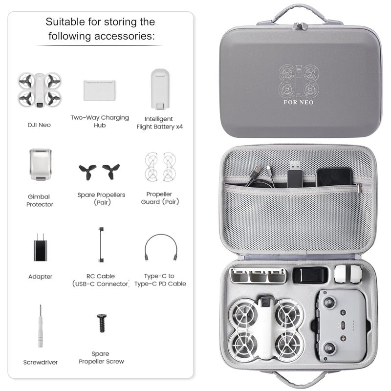 Vertus ® Premium Carrying Case for DJI Neo Drone, Hard Shell Travel Case for DJI Neo Drone, Rc-N3 Remote Controller, Neo Intelligent Flight Battery, Travel Carrying Bag with Shoulder Strap (Grey) - Image 3