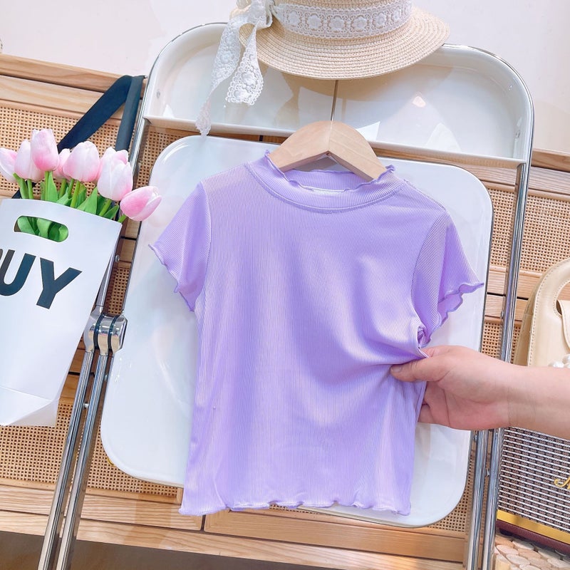 Ice Silk Girls' T-Shirt Short-Sleeved Summer Korean Style Western Style Children'S Summer Lace Half-Sleeved T-Shirt Top - Image 4
