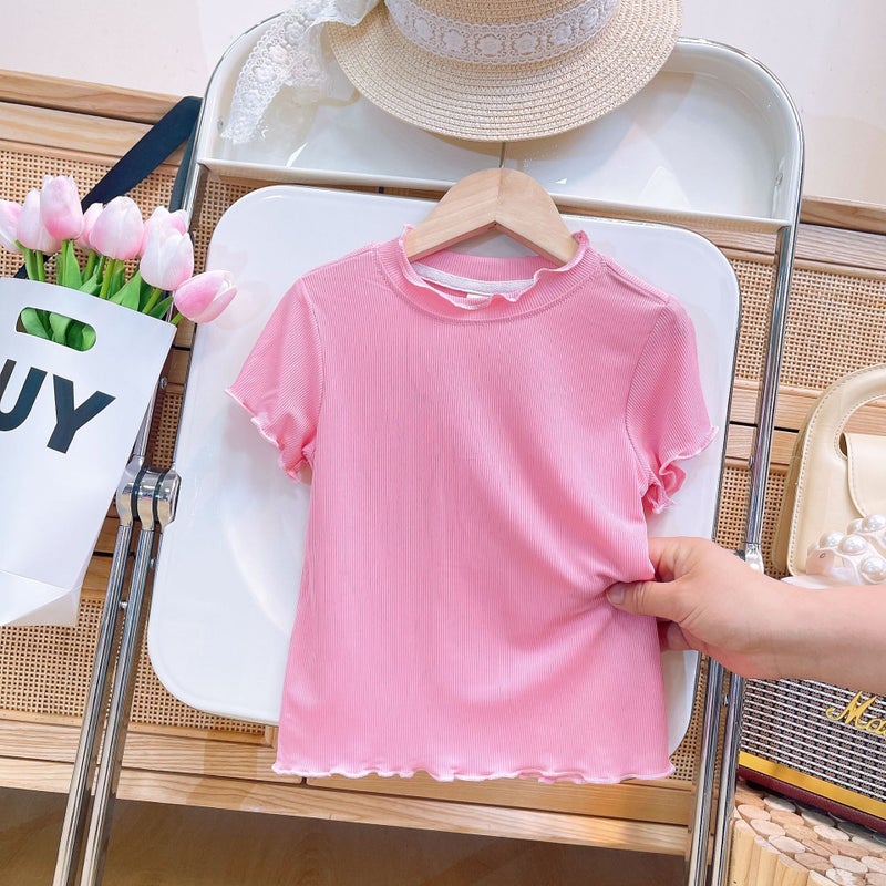 Ice Silk Girls' T-Shirt Short-Sleeved Summer Korean Style Western Style Children'S Summer Lace Half-Sleeved T-Shirt Top - Image 5