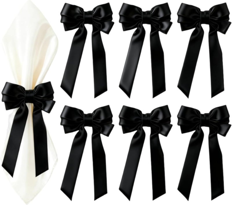 Satin Bow Napkin Rings for Holiday Table Decor, Christmas, Wedding, Party Dining (Black, 6 pcs)
